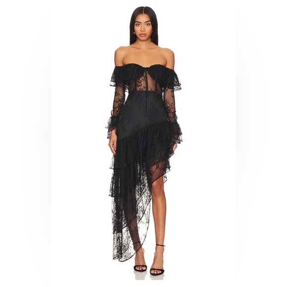 MAJORELLE Magdalena Black Asymmetrical Ruffled Gown SZ Small - Picture 1 of 7